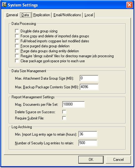 Chapter 2 Global Administration System Settings - Data Data settings allow you to configure data processing, data size, Report Management, and log archiving options.