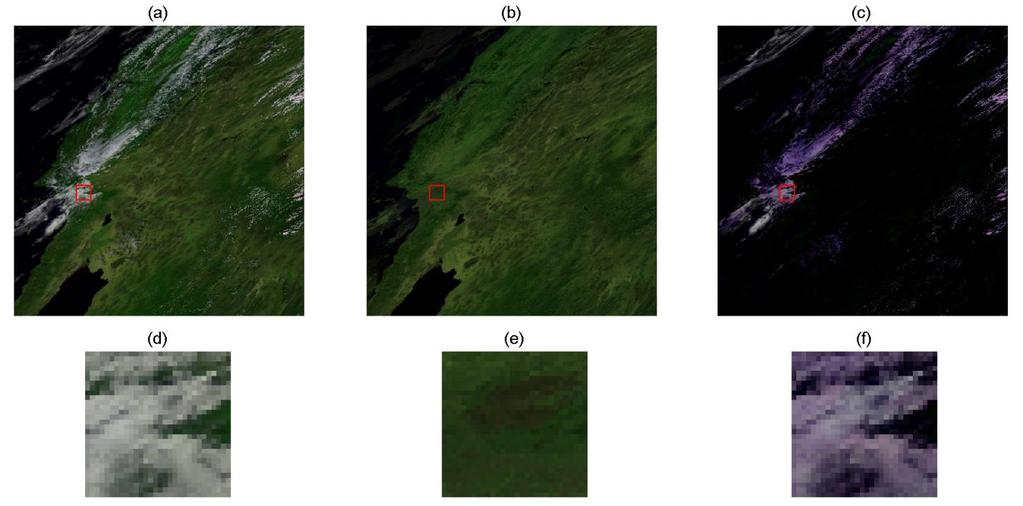 Fig. 6: Burnscar detection result for frame A2009257 (full cloud): (a) Original HSI image in RGB mode; (b) Output low-rank component of RPCA; (c) Output sparse component of RPCA (cloud); (d) (e) and