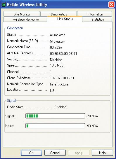 Using the Belkin Wireless Setup Utility Monitoring the Status of your Network Connection Click on the Link Status tab.
