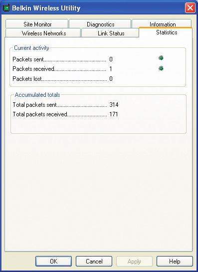 Using the Belkin Wireless Setup Utility Monitoring Data Transfer Click on the Statistics tab. The Statistics tab shows you how much data has been sent and received and if any errors occurred.