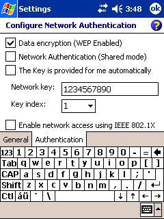 Now you need to obtain the WEP key and key index from your network administer, put the key string in the textbox labeled Network key, and select the Key index from the choice box (the default key