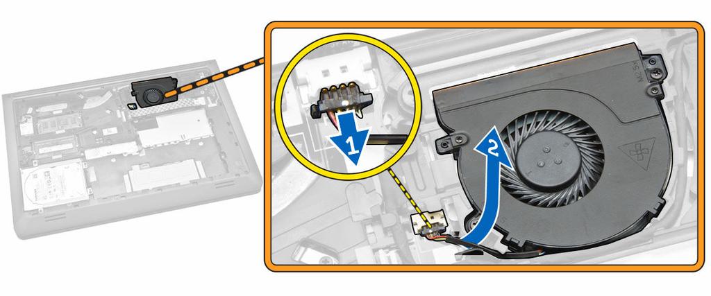 5. Perform the following steps as shown in the illustration: a. Loosen the scew that secures the system fan to the computer [1]. b.