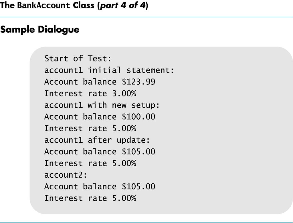 Sample BankAccount results // excerpts from main: account1.