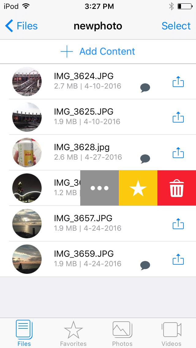 Files by category The icons at the bottom of the main Apollo Cloud menu link to menus for Files (all file types), Favorites, Photos, and Videos. Use these to go to files and content in that category.