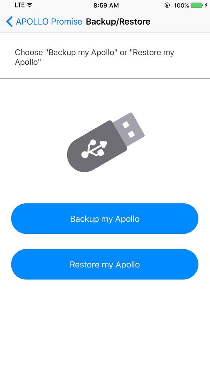 Restoring content from a USB storage device To restore previously saved content from a USB storage device, attach the USB storage device that holds your backups to the Apollo, and follow the