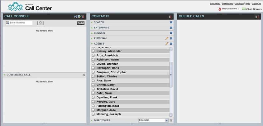 Monitoring Agents and Queues Figure 4-8: Dashboard Template By clicking on the Agents sub category under Contacts in the center of the screen, the list of agents assigned to the supervisor will