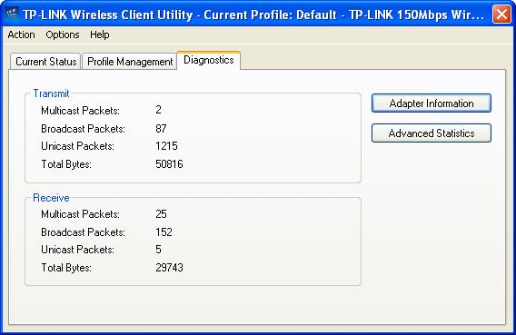 3.3 Diagnostics The Diagnostics tab of the TP-LINK Wireless Client Utility (TWCU) provides buttons used to retrieve receiving and transmitting statistics.