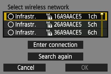Manual Connection by Searching Networks 4 Select [Find network]. Press the <V> key to select [Find network], then press <0>. Select [OK] and press <0> to go to the next screen.