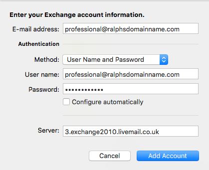 Step 4 Click Add Account. Step 5 Outlook 2016 will now begin connecting to our Exchange servers and obtain the settings needed to complete the setup of your mailbox.