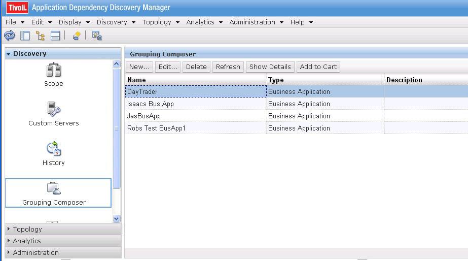 Figure 15. TADDM Grouping Composer 2. Click New to create a new Business Application or edit an existing business application, where you can place the MQ resources. 3.