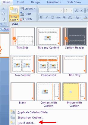 12 THE PNP BASIC COMPUTER ESSENTIALS e-learning (MS Powerpoint 2007) To create a slide as a duplicate of a slide in the presentation: Select the slide to duplicate Click the New Slide button on the