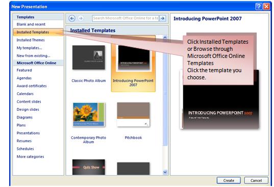 9 THE PNP BASIC COMPUTER ESSENTIALS e-learning (MS Powerpoint 2007) To create a new presentation from a template: Click the Microsoft Office