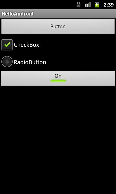 Widgets: Button and CompoundButton togglebutton CompoundButton XML tags: <ToggleButton> <ToggleButton android:layout_width="wrap_content android:layout_height="wrap_content
