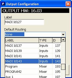 on the Input/Output module that the logical audio channel has been configured for. Headers "FRzz Output configuration" means that we are setting the outputs of a FR"zz"- type card "OUTPUT HW: xx.