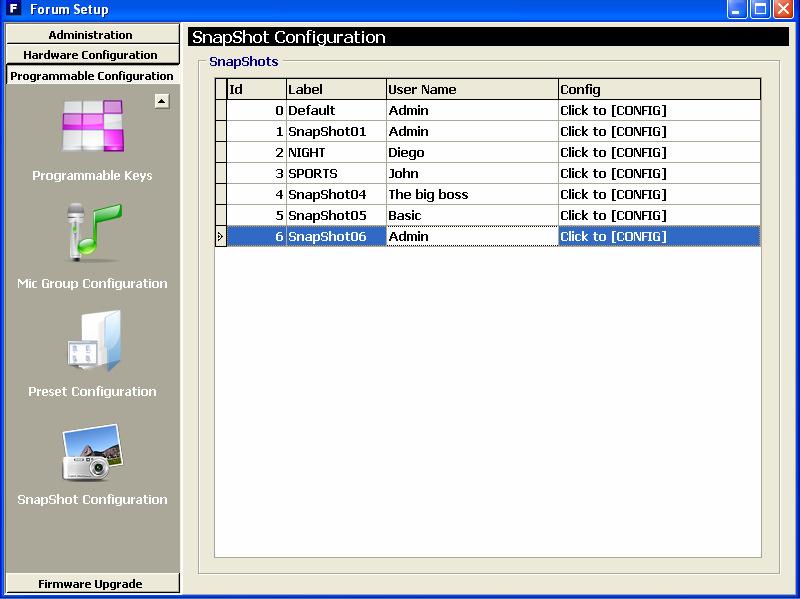 SNAPSHOT CONFIGURATION allows you to manage different configurations stored in the AEQ FORUM and available to operators through the internal menu of the main screen of the Control and Monitoring