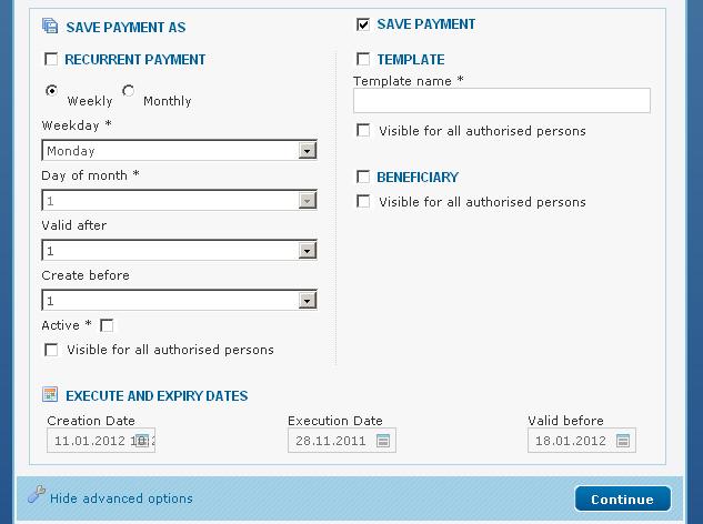 Once you select one of the accounts the system automatically fills in the data below Payee IBAN and Benediciary name.