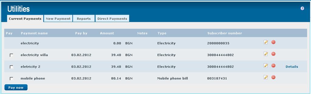 7 UTILITIES Enables you to register your utility bills and make the payments in convenient time. 7.1 Current payments The menu provides information on the registered subscriber numbers.
