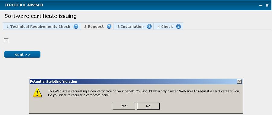Confirm the request for digital certificate with Yes,