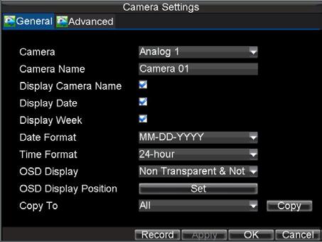 1. Click Menu > Settings > Camera to enter the Camera Settings menu, shown in Figure 1. 2. Select channel to set up OSD settings under Channel No., and click the Set button.