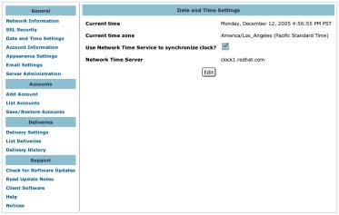 Date and Time Settings Page The Date and Time settings page lets you configure the date and time settings on a DigiDelivery server, including the option of using a network time server to