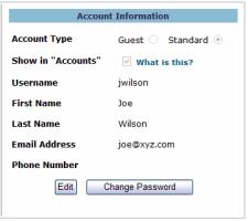3 In the User Account Information page, click Edit. Changing a User Account Password To change your account password: 1 Log into your account.