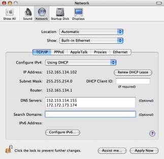 Enabling DHCP for Mac OS X To enable DHCP for Mac OS X: 1 Open System Preferences (usually located on the Dock). 2 In System Preferences, click Network.