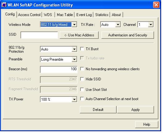 Chapter 7 Software Utility - WLAN SoftAP Configuration Utility 7.1 Overview Config: Configure operation parameters and display extra options. Note that some options are not supported currently.