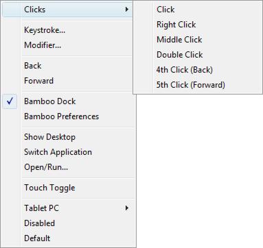 52 BUTTON FUNCTIONS The following control panel drop-down menu options are available for ExpressKey and pen button settings. Not all options are available for all controls.