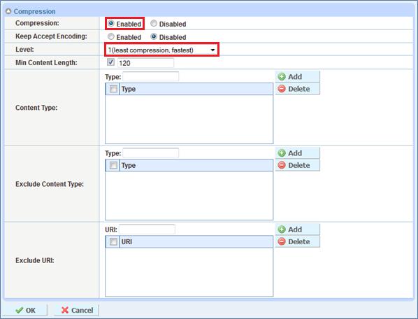 Figure 19: Compression configuration column 6. Click OK, then click the Save icon at the top of the GUI window to save the configuration. 6.4 COOKIE PERSISTENCE Cookie Persistence enables the AX Series to persist sessions with a particular server, by sending a cookie response to the client.