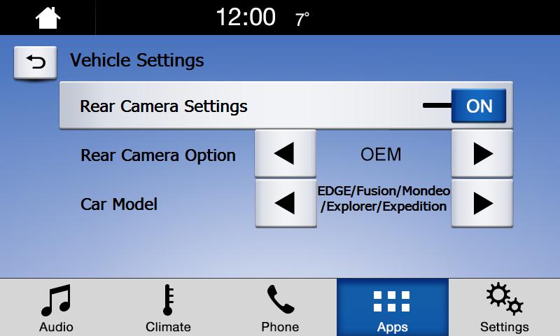 Interface Vehicle Settings The Vehicle Settings allows you to do the following: Rear Camera Settings: Turns the rear camera input on or off.