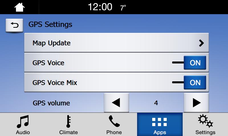 Interface GPS Settings The interfaces GPS Settings allows you to do the following: Map Update: Used only when updating navigations mapping. GPS Voice: Turns on and off the Voice Prompts.
