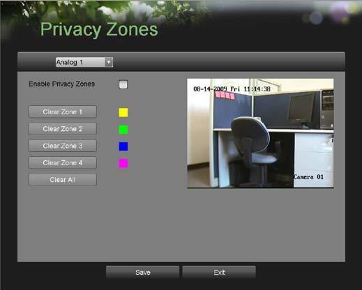 Configuring Cameras To setup privacy zones 1. Enter the Privacy Zones menu, shown in Figure 47 by going to Main Menu > Camera Setup > Privacy Zones. Figure 47. Privacy Zones Menu 2.