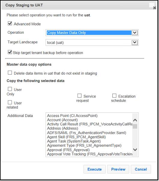 3. Fill in the dialog box (master data copy options) as described in steps 4, 5, 6, and 7 of "Updating Metadata, Validation Data, and Master Data (Copy Configuration & Master Data)" on page 106.