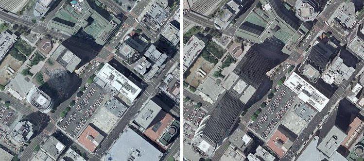 In an Orthophoto the facades of the buildings can be seen on the ground, sometimes covering the street because of the perspective of the aerial images and the fact that only the Digital Height Model