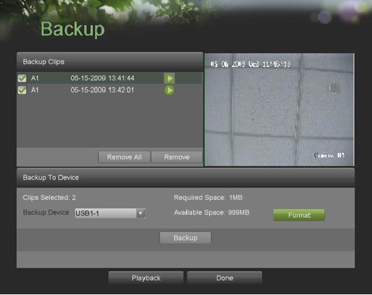 Backup button. Note: The Play Clip, Save Clip and Clear Clip buttons are not available unless a completed video clip is selected.