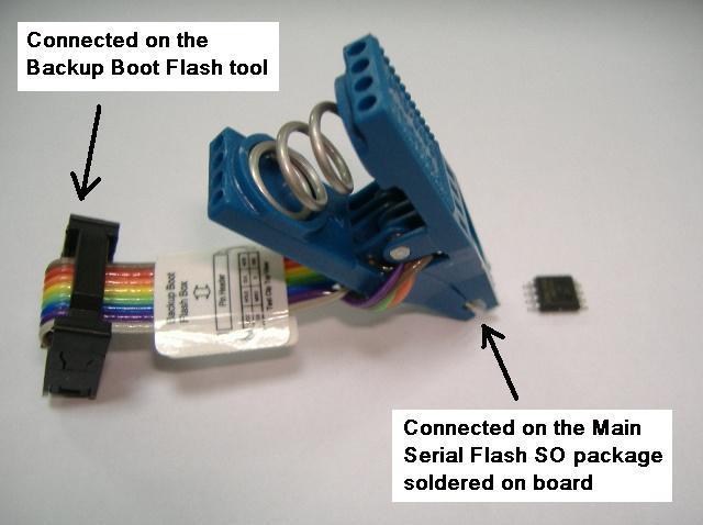 When connected on the motherboard, the DediProg Backup Boot tool will disable automatically the Main Serial Flash soldered on board so that chipset will boot on the backup Serial Flash inserted in