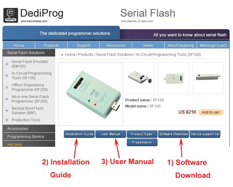 This documentation can also be downloaded from the programmer main page: http://www.dediprog.com/product.php?uid=2 Fig 2: Documentation downloads from SF100 page 2.3.