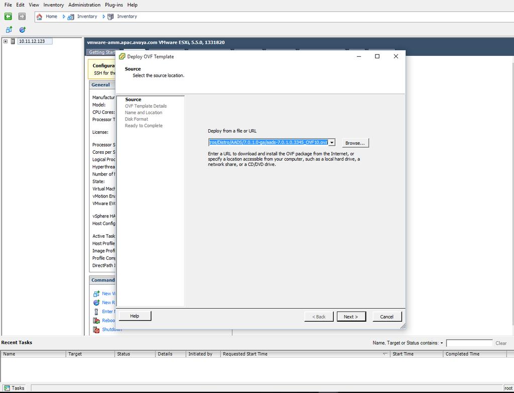 2. In the Deploy OVF Template window, type the URL in the Deploy from a file or URL field.