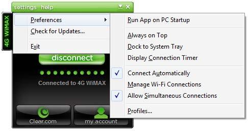Manage Your Mobile USB (continued) CLEAR Connection Manager Settings On the Settings Tab, you can: Set your CLEAR Connection Manager Preferences. Check for software updates.