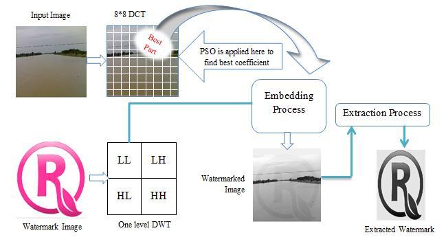 Fig.1Proposed Watermarking Algorithm In this research PSO based watermarking is also copmapred to proposed DWT watermarking & DCT watermarking on the basis of two paramaters Peak Signal to Noise