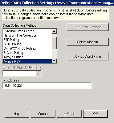 Select Avaya RSP under the Data Collection Method section, and provide the IP address that CDR records are coming from, in this case, the IP address of Communication Manager. Click OK.