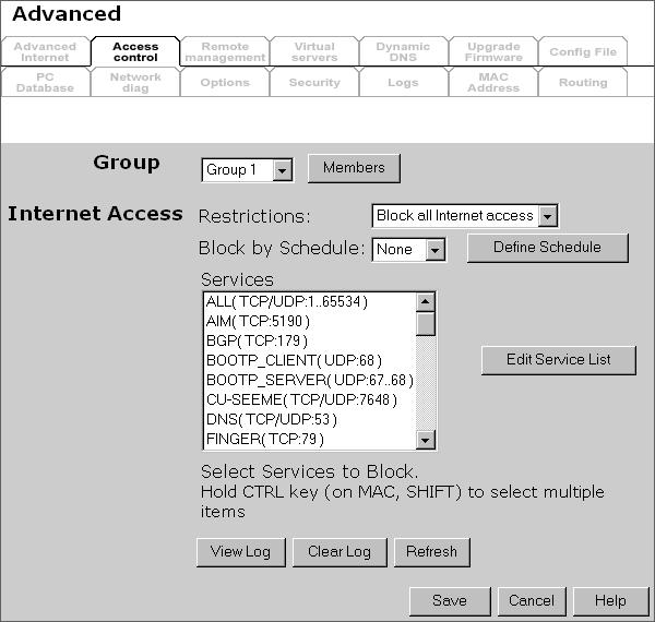 Data - Access Control Screen Group Group "Members" Button Internet Access Restrictions Select the desired Group. The screen will update to display the settings for the selected Group.