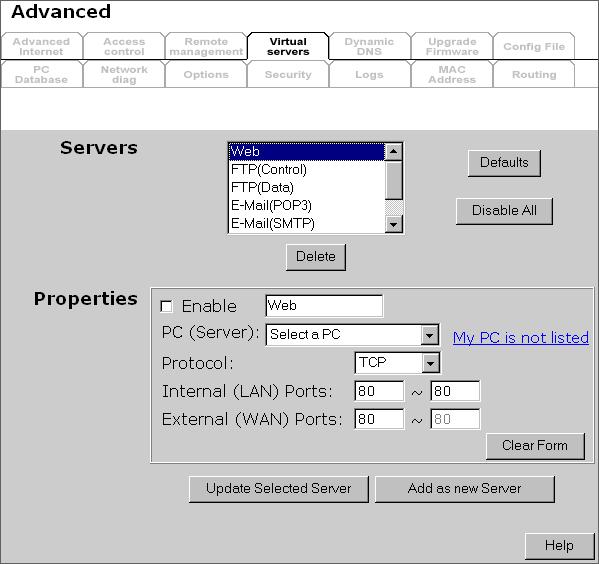 This screen lists a number of pre-defined Servers, and allows you to define your own Servers. Details of the selected Server are shown in the "Properties" area.