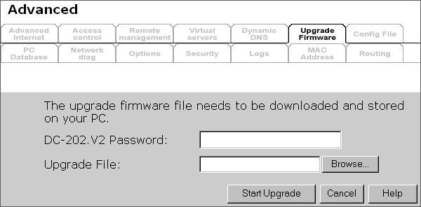 Upgrade Firmware The firmware (software) in the DC-202 can be upgraded using your Web Browser. You must first download the upgrade file, then select Upgrade on the Advanced menu.