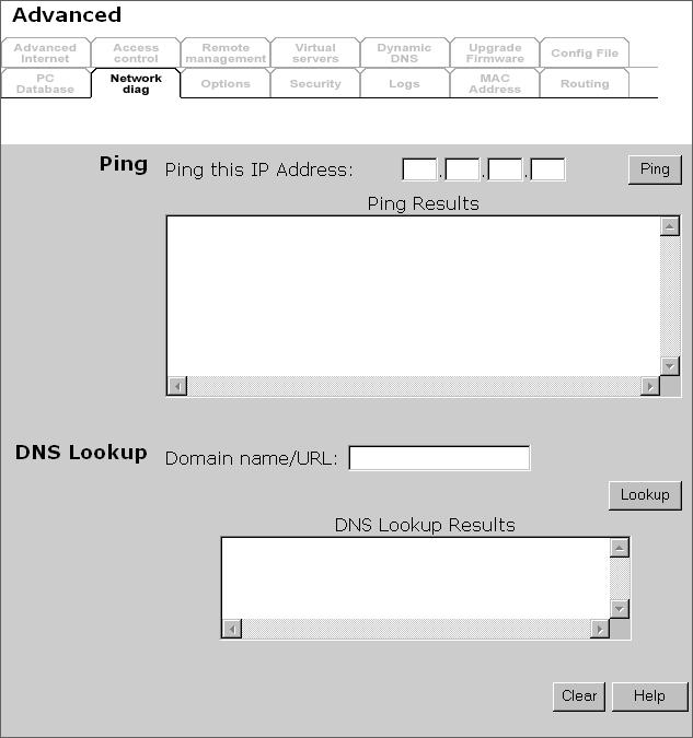 Network Diagnostics This screen allows you to perform a "Ping" or a DNS lookup. These activities can be useful in solving network problems. An example Network Diagnostics screen is shown below.