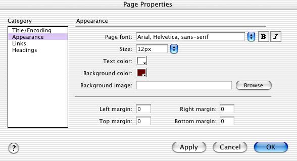 Click Appearance to change the main font used, the main text color used, and the background color or image used.