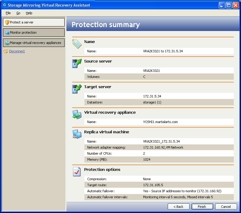 7. When you have finished setting protection options, click Next. The Protection Summary pane will appear. 8.