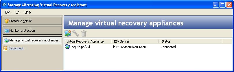 Manage virtual recovery appliances Select Manage virtual recovery appliances in the left pane, or select Go, Manage virtual recovery appliance to view the Manage virtual recovery appliances pane.
