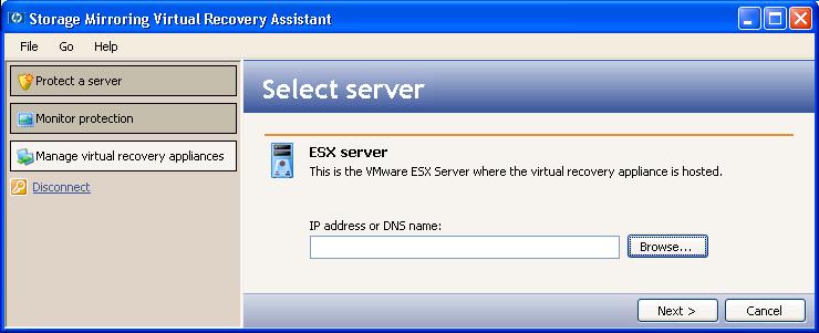 Add a virtual recovery appliance Select the VMware ESX server where the virtual recovery appliance will be hosted.