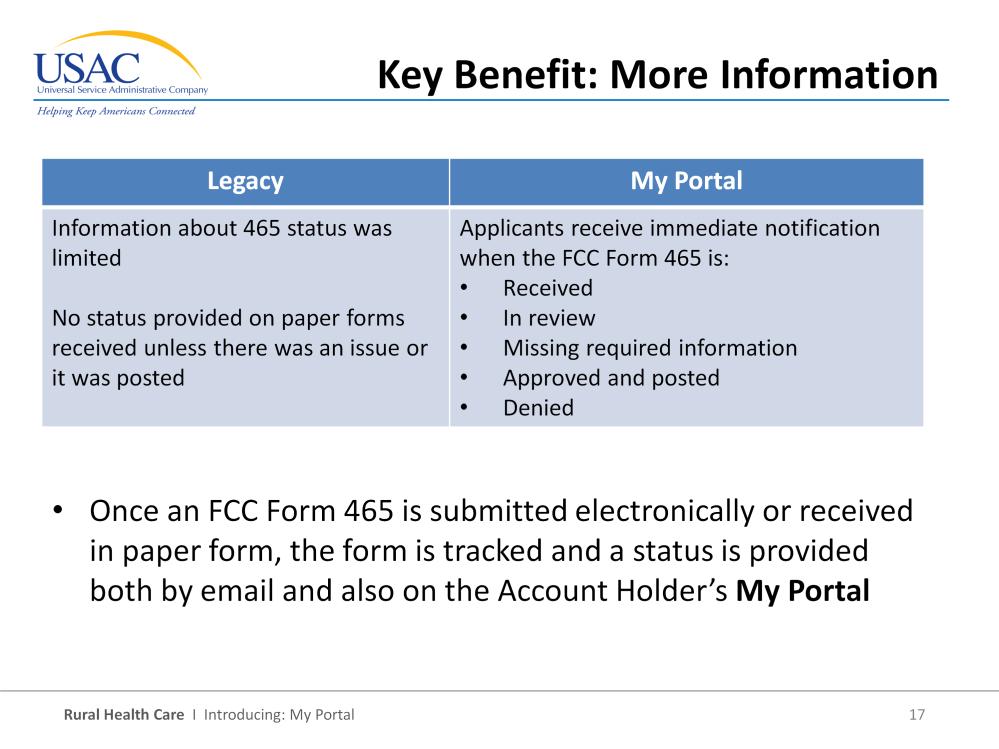 The last key benefit that I want to talk about is the added information about the status of your form. My Portal allows us to provide you with more information about your forms throughout the process.